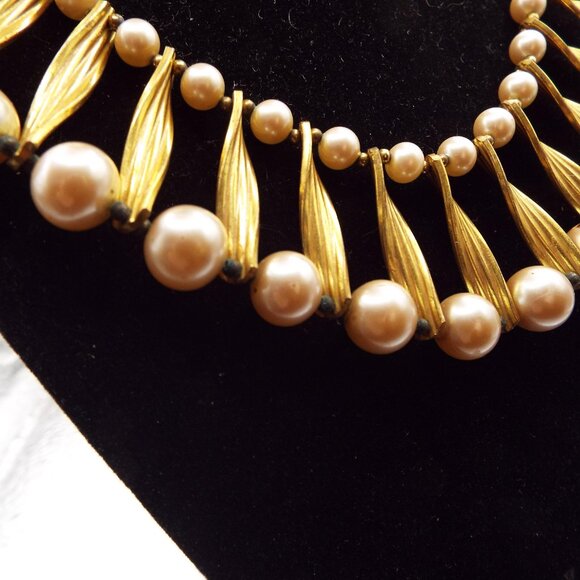 *EXQUISITE* 1960'S EGYPTIAN REVIVAL GLASS PERLS TWISTED GOLDEN COLLAR NECKLACE B - Picture 2 of 4